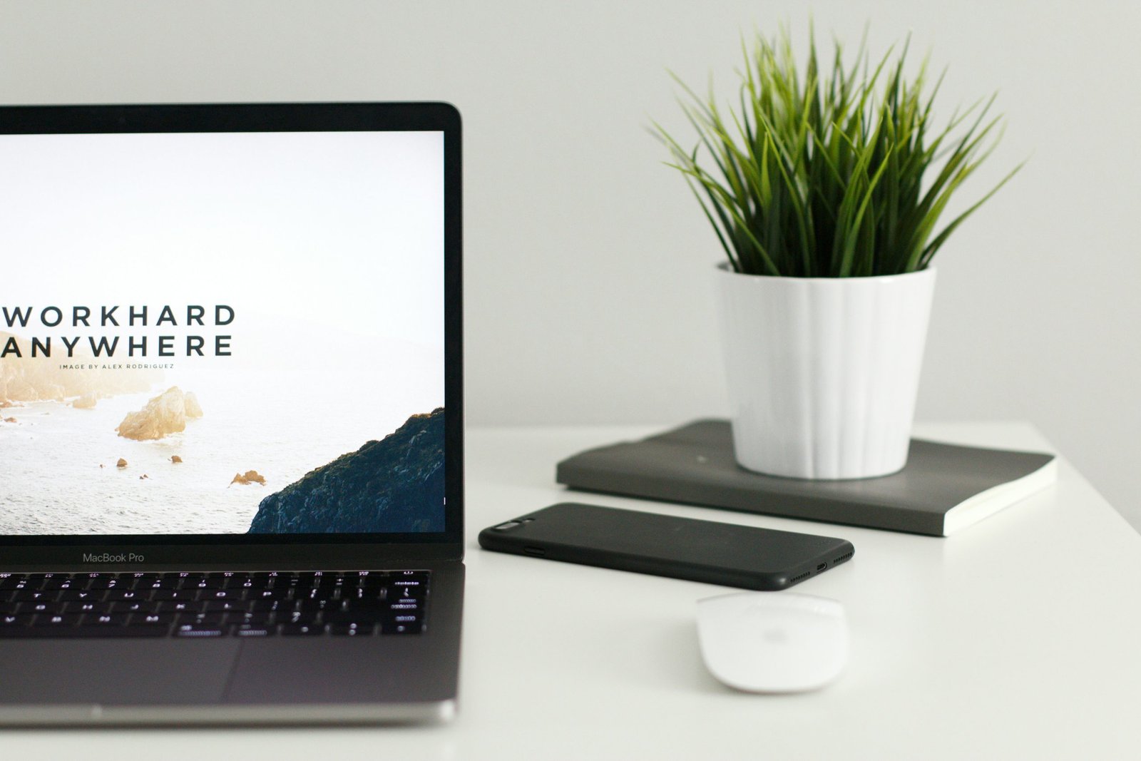 laptop on a desk with a potted pland